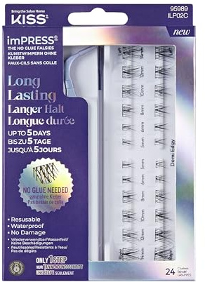 KISS imPRESS Falsies Long Lasting selbstklebende Wimpern, 'Demi Edgy', 5 Tage verlängerte Tragedauer, 24 natürliche Volumen-Wimperncluster (5, 6, 8, 10, 12 und 14mm), präziser Antihaft-Applikator