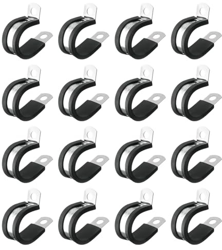 sourcing map 3/4(20mm) Cable Clamp, 304 Stainless Steel Rubber Cushioned Insulated R Shape Metal Clamp Tube Holder for Pipe Hose Wire Cord Installation 18Pcs