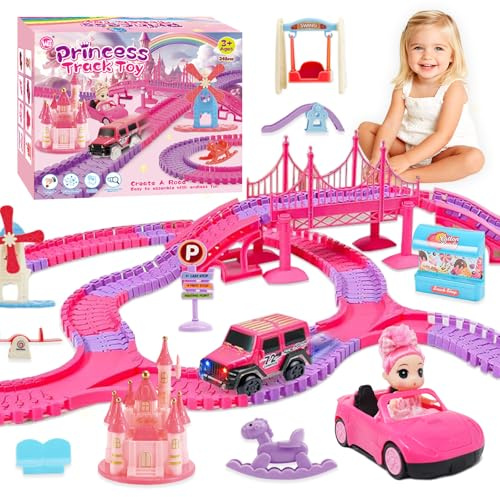 ROCKY&CHAO Autorennbahn Rennbahn Kinderspielzeug 248 Stück mit Puppe, Flexible Track Spiele Spielzeugautos Autobahn ab 3 4 5 6 Jahre Mädchen für Kinder Geschenk (Rosa a)