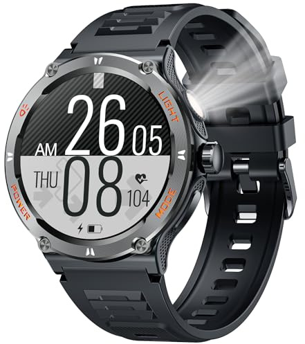 Smartwatch for Men Android Fitness Tracker: 1.53 Military Smart Watch with Flashlight Compass Make Answer Bluetooth Call Android iPhone Compatible 3ATM Waterproof Sport Watch Sleep Heart Rate Monitor