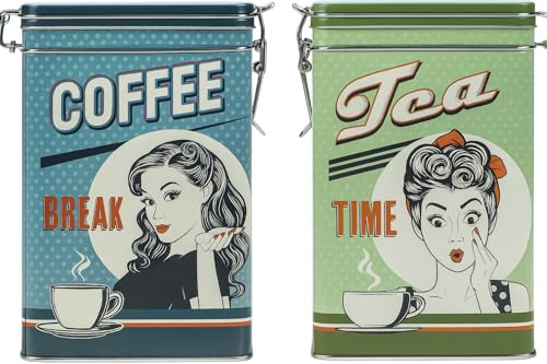 Muddy Hands Set of 2 Retro Vintage Metal Coffee & Tea Canisters with Lids – Airtight Kitchen Storage Tins for Tea Bags & Ground Coffee – Decorative Containers