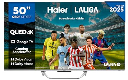 Haier QLED 4K UHD H50Q80FUX - 50, Smart TV, Google TV, Dolby Atmos y Dolby Vision, HDR 10+, Smart Remote Control, Google Assistant, Bluetooth 5.1, DBX TV, HDMI 2.1 x 4, Sin Marcos, 2025