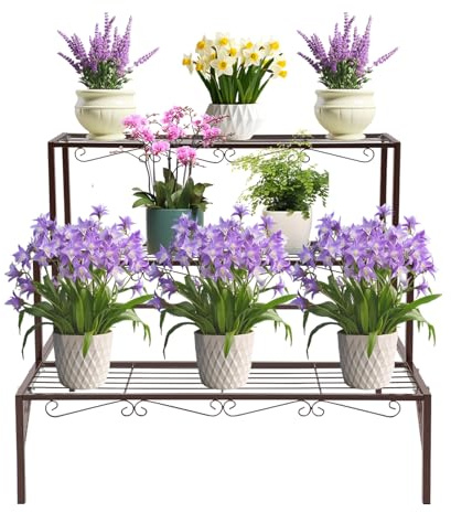 QIERF 3-stufiger Metall Blumentreppe Pflanzenständer Freistehender Pflanzenstän 70x58x60cm, 20kg pro Etage für Garten, Balkon und Indoor Outdoor (Bronze)