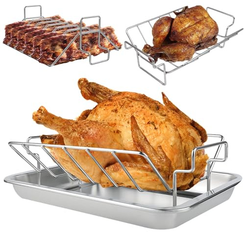 Turkey Roasting Rack, Large 304 Stainless Steel V Rack for Roasting Turkey and Rib, 12.5''x11'' BBQ Rib Rack for Oven, Big Green Egg and Kamado Joe with Stainless Steel Roasting Pan