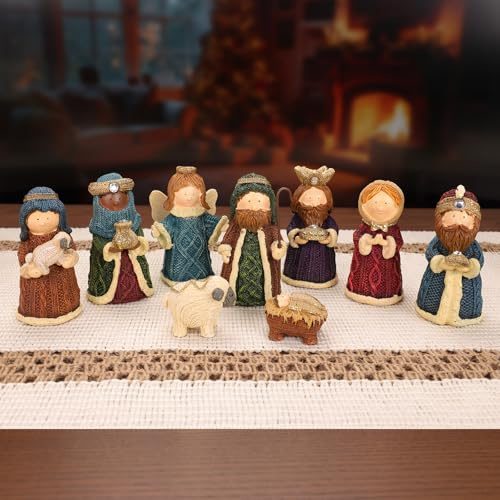 Brislut Nativity Set 9-Piece Holy Family - Stable Base Faux Knit Resin Figurines for Shelves, Nightstands, Christmas & Easter Decor