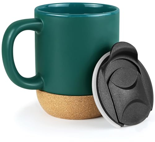 Hioph Ceramic Coffee Mug with Handle and Removable Lockable Lid with Sliding Sip Hole 400ML, Heatproof Cork Base Design. (Green) (Green)
