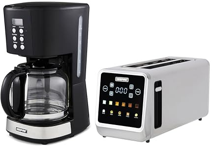 GEEPAS 1.5L Filter Coffee Machine & DIGITAL 4 Slice Long Slot Toaster Set | 900W Programmable Drip Coffee Maker 1450W Stainless Steel LED Display