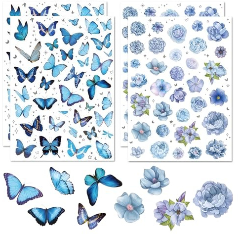 Auroriel 4 Foglie con Fiori e Adesivi di Farfalle, Ideali per Bambini e Adulti, Adesivi per Scrapbook a Tema Primaverile, Set di Adesivi per Decorazioni Fai-da-Te (Blu)