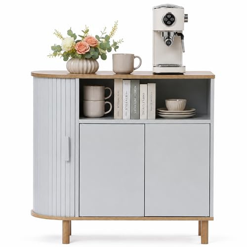 Hometopia Sideboard Wohnzimmer 80 cm Breit, Skandinavische Kommode in Grau-Weiß Holzoptik mit 2 Türen, Rolltürfach und offenem Fach, Buffetschrank oder Vorratsschrank Küche für Esszimmer und Flur