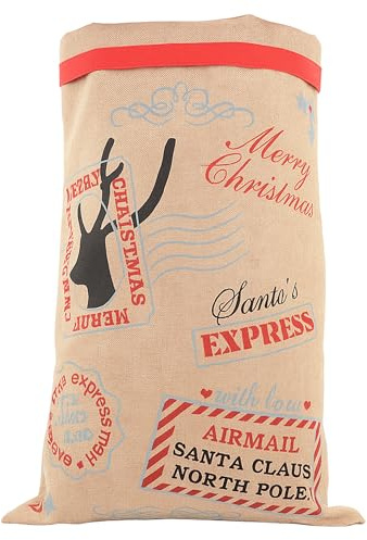 EVENT DECOR SHOP Weihnachtsmann-Sack, traditioneller Vintage-Stil, bedruckt, Jute, Sackleinen, Weihnachtsstrumpf, Zubehör, Weihnachtsgeschenk, Geschenktasche, personalisierbar, Weihnachtsdekoration