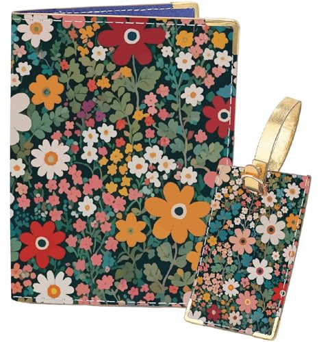 PRESSINART Custodia per Passaporto con Etichetta per Bagagli Portafoglio per Passaporto in Pelle con Stampa Floreale Vintage Custodia per Libretto con Fiori Stampati Regali di Viaggio Organizer