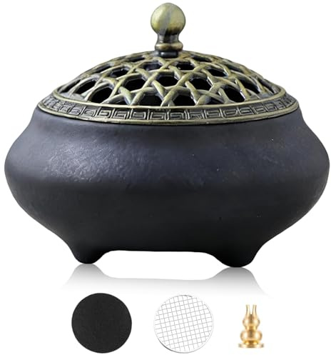 Encensoir Charbon en Porcelaine, Brûleur d'Encens en Céramique, Porte Encens Rond Encensoir Brûle-encens Récipient Céramique pour Yoga Spa Méditation L’Aide au Sommeil, Noir