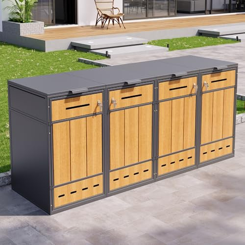 Ktipm Cobertizo Cubo Basura Exterior para 4 Contenedores de 120-240 L, Casita para Contenedor de Basura con Cerradura y Abertura Ventilación, Puntal Hidráulico, 264x80x118 cm, Color Madera+Gris