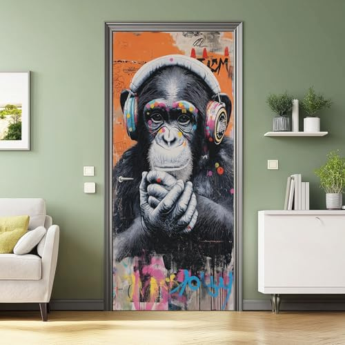 Banksy - Adhesivo decorativo para puerta (77 x 200 cm, vinilo extraíble, PVC, 3D, adhesivo para puerta de trompa, impermeable, para decoración de casa, cuarto de baño, industrial, animal, negro, mono