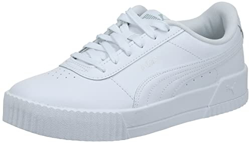 PUMA Womens Carina Leather Sneaker, White Silver, 8