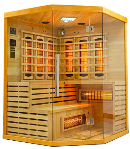 Elbe Infrarotkabine HYGGE für 3-5 Person aus Hemlockholz, 150x150x200 cm，8 Vollspektrumstrahler, 1 Carbonstrahler, Saunakabine mit Farblichtherapie, Ionisator und Audio System