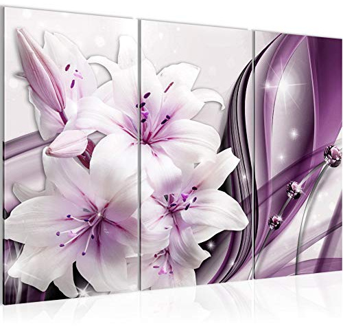 Runa Art Fiori Gigli Quadri Soggiorno Grande Viola Astratto 120 x 80 cm 3 Pezzi Decorazione Murale 017131a