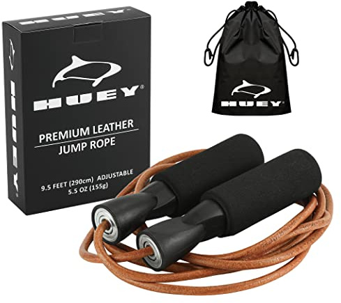 HUEY Sport Leather Jump Rope Skipping Rope for Speed Quiet Training Boxing MMA Cardio Crossfit Fitness Workout Indoor and Outside Exercise for Adult Kids Men and Women (5.5 oz)