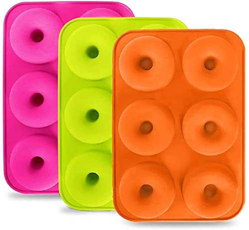 ROYALTEC Silicone Donut Moulds – 3 Pack Non-Stick BPA-Free Trays (18 Cavities) – Oven, Microwave & Dishwasher Safe – Colourful Donut Baking Set (Green, Orange, Pink)