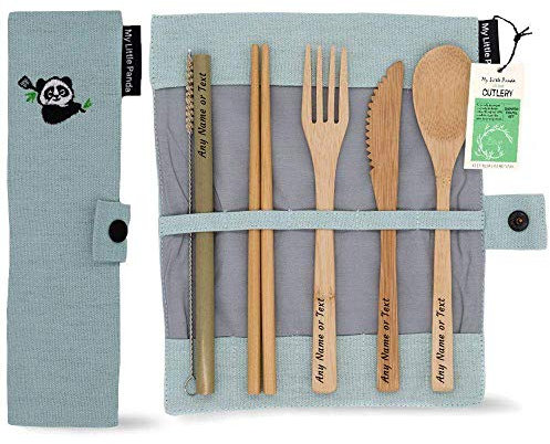 Juego de Cubiertos de bambú personalizado, grabado con cualquier nombre o texto, regalos naturales y sostenibles por My Little Panda (Océano azul)