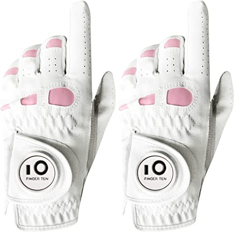 FINGER TEN Golfhandschuhe Damen Links Rechts Golfhandschuh Mit Ball Marker Golf Handschuh Wert 1 2 Stück Cabretta Leder Griff Linke Rechte Hand Weicher Komfort Passform Größe S M L XL