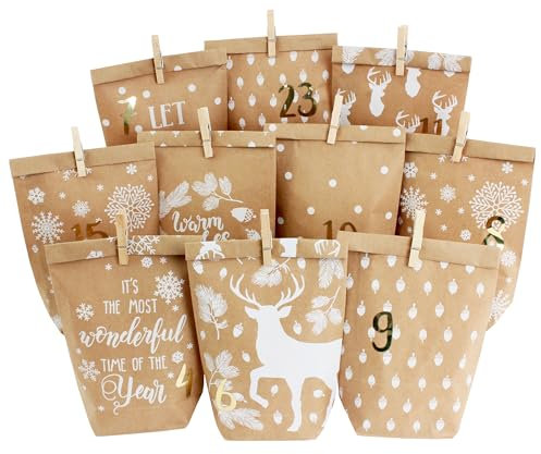 Papierdrachen 2025 Adventskalender zum Befüllen - 24 bedruckte Geschenktüten und 24 Zahlenaufkleber und Klammern - Motiv Cozy Winter weiß - zum Basteln und Verschenken - Weihnachten