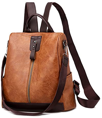 JSNOM Rucksack Damen Klein Elegant: Rucksäcke Wasserdicht Cityrucksack Anti-Diebstahl Leichtgewicht Daypacks Kunstleder Für Lässig Schule Travel Wandern Arbeit Tagesrucksack Für Frauen (Braun)