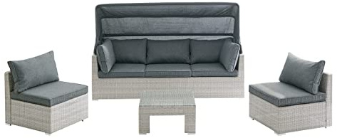 Rattan Garden Sofa Set with Sun Canopy, 3PC Sunbed Lounge Chair with Rattan Furniture Garden Table, Outdoor Patio Set with Padded Cushions and Protective Garden Cover (Grey)