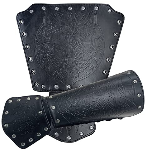 Thajaling Bracciali in pelle con testa di lupo vichingo, bracciali per tiro con l'arco medievali, protezioni per braccio LARP da cavaliere nordico per costume cosplay di Halloween (Nero)
