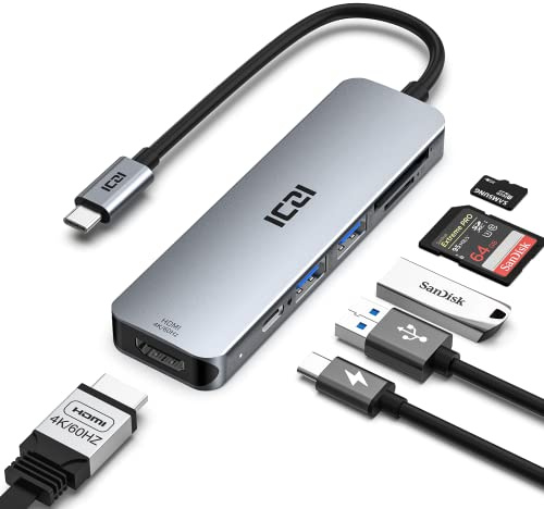 USB C Hub 4K@60Hz HDMI, ICZI 6-in-1 USB C to HDMI, 2 USB 3.0 Ports, SD/TF Card Reader, 100W USB-C PD USB Hub for Mac/MacBook Pro/Air Laptops and More