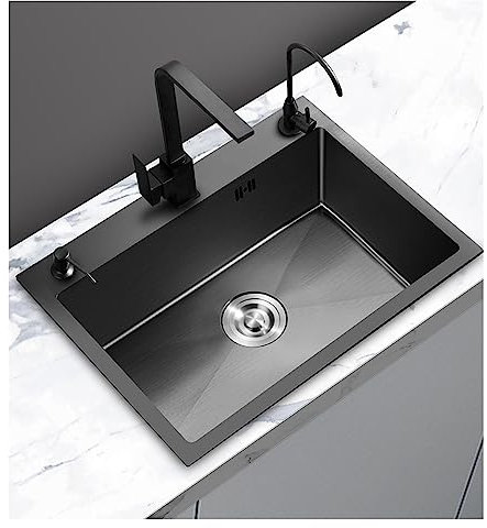 Küchenspüle, Unterbau, quadratisch, Edelstahl, Schwarz, Einzelküchenspüle, Gemüsewaschbecken, Spüle, Küche, Schwarz, Edelstahl, Abtropffläche, 50 x 40 D
