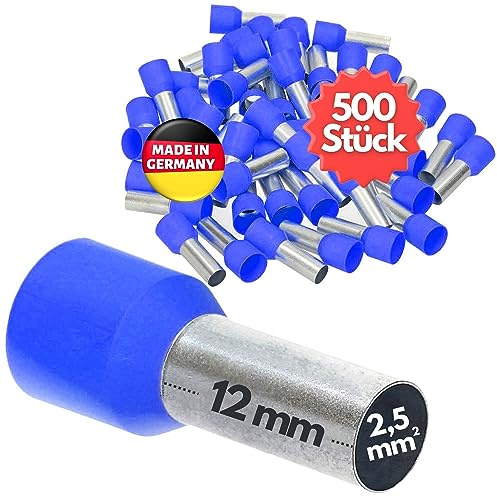 Kalitec 500x Isolerade Trådändhylsor 2,5 mm² - 12 mm Blåa AWG 14 | UL-certifierade ledarhylsor i förtennad koppar för strömkablar och reläer, kompatibla med klämkontakter och presstång