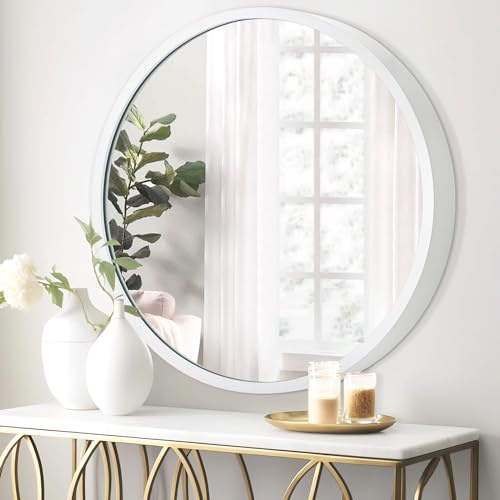 JJUUYOU Runde Wandspiegel 40cm Runde Badezimmer Wandspiegel Weißer Bauernhaus Spiegel Badezimmer Wand hängen Metallrahmen Spiegel Wohnzimmer Schlafzimmer