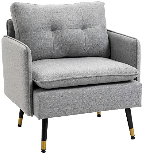 HOMCOM Polstersessel Armlehnensessel mit Kissen Loungesessel Sofa mit Leinenoptik, Stahlbeine, für Wohnzimmer, Schlafzimmer, Grau, 76 x 68 x 80 cm