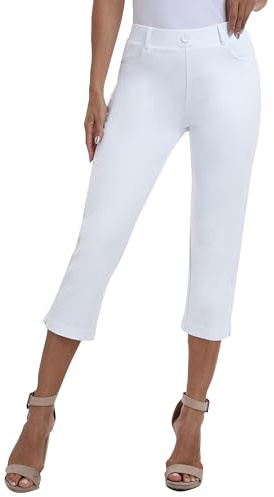 AjezMax dam affärsbyxor eleganta capribyxor andas yoga golfbyxor kontor kostymbyxor elastiskt band fritidsbyxor svart, Vit, L