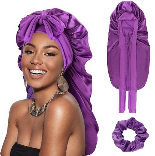 DRESHOW Lange Satin Zopfhaube für Damen Seidenhaube zum Schlafen Schlafmütze mit Elastischem Band Nachtmütze für Lange Lockiges Haar Locs