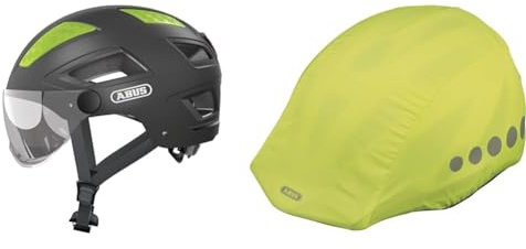 ABUS 86938 Fahrradhelm, Schwarz (Titan), L (56-61 cm​) & Regenkappe für Helme - Regenschutz mit dekorativen Reflektoren und Gummizug - wasserabweisend – Gelb