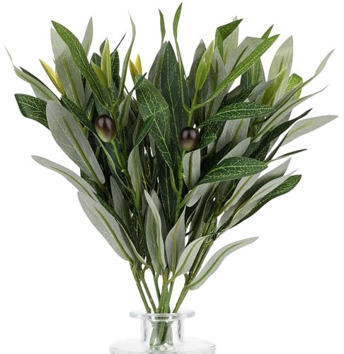 Tallos de ramas de olivo artificiales grandes de 15.7 pulgadas, 10 varillas, ramas de olivo sintético para jarrón, guirnalda de ramas de olivo, vegetación para centros de mesa, ramas de árbol falso