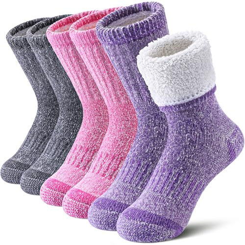 LINEMIN Calzini da trekking per bambini in lana merino, per ragazzi e ragazze, invernali, caldi, spessi, termici, con cuscino spesso, calzini da snowboard, 3 paia, viola/rosa/grigio, 8-12 Years