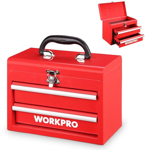 WORKPRO Portable Mini Tool Box, 2 Drawers Metal Tool Chest with Ball Bearing Slides, Top Storage with Latch, Ergonomic Carrying Handle, Mechanic Toolbox with PVC Liners and PP Feet Pads