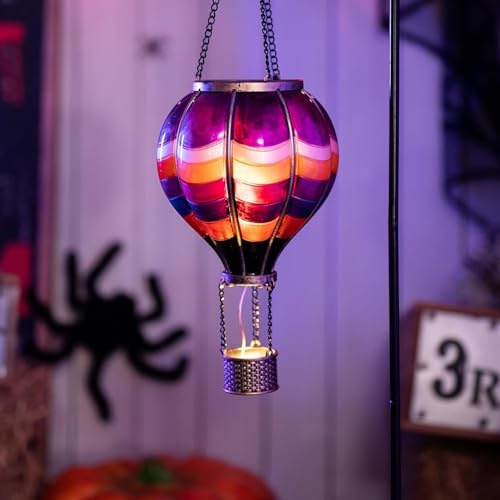 TERESA'S COLLECTIONS Halloween Solar Hot Air Balloon Hanging Garden Light | 45CM Realistic Flame Waterproof Outdoor Balloon Lantern Decoration in Purple & Orange, Auto On/Off, for Patio, Porch & Yard