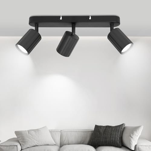 Dehobo Plafonnier LED 3 Spots Noir, GU10 Eclairage de Plafond Orientable à 350° Spots de Plafond Max. 50 Watt par Spot, Applique Murale Intérieure pour Cuisine Chambre Salon Sans Ampoule