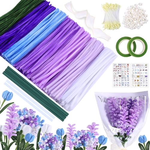 MKLG 385 Stück Pfeifenreiniger Blumen Set, Pfeifenputzer Blumen Zum Basteln, Mit Grüne Blumenstöcke, Klebebandrollen, Klebestifte, Anleitungen, Blumenstraußverpackungen, Bänder, Staubgefäße etc