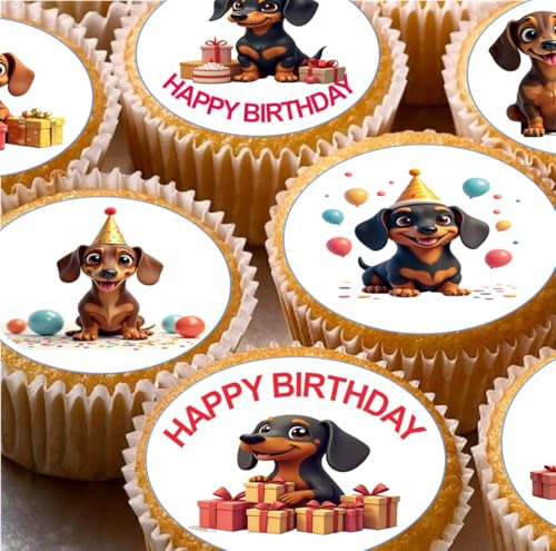 Dachshund Dog Birthday Pre-cut Edible Wafer Cupcake Toppers, Cake Decorations x 24