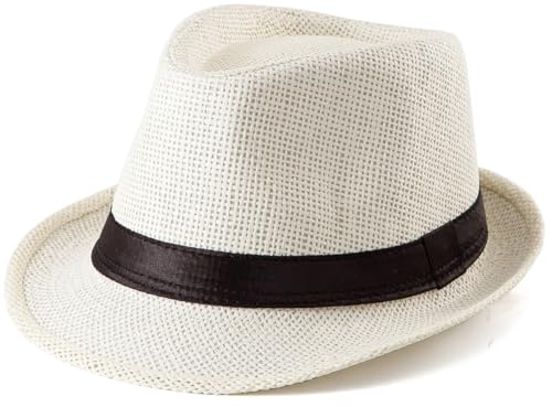 XL Milk White Straw Fedora Hats for Men Summer Trilby Beach Travel 7 1/2