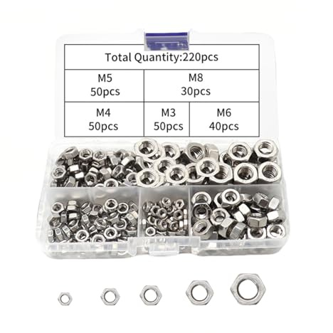 ALLY-MAGIC Sechskant Muttern Set, 220 Stück Edelstahl Sechskantmuttern, M3 M4 M5 M6 M8 Hardware Mütter Sechskant Set mit Kunststoffbox für Möbel Fahrzeugreparatur E21-LJLMTZ