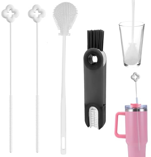2 cepillos de silicona para pajitas de 6 mm, 1 cepillo largo para lavavajillas, 1 tapa de vaso 3 en 1, cepillo de limpieza reutilizable, cepillo de limpieza de silicona para colgar