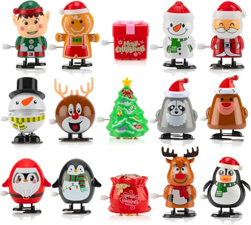 LATERN 15 Piezas Juguete de Cuerda Navidad, 5CM x 7CM Figuras de Cuerda Mini Papá Noel Muñeco de Nieve Pingüinos Caminar Saltar Juguete para Niños Adultos Navidad Calcetín Relleno Fiesta Bolsa Relleno