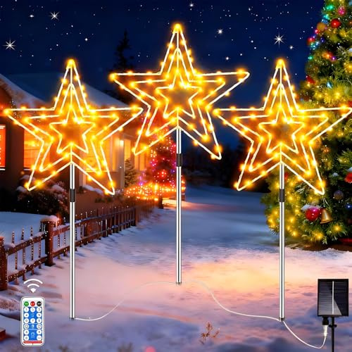 Cozymeow Luci Solari da Giardino 3 x 75 LED Stella di Natale Luminosa Solare, 8 Modalità Luminarie Natalizie da Esterno Impermeabile Stella Luminosa LED per Balcone Terrazzo Decorazioni Natalizie