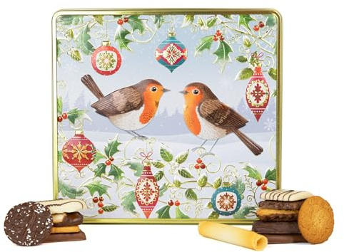 Winter Robins Belgian Biscuits Square Tin - Christmas Biscuit Tins, Belgian Chocolate Biscuits Gift Set Selection, Novelty Christmas Biscuit Box - Festive Tins of Chocolates Gifts for Women & Men